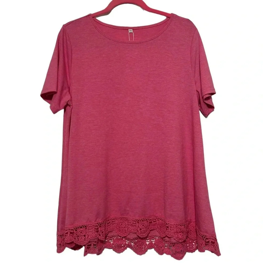 Tunic Barbie Pink Tee-Shirt Scoop Neck, Short Sleeve, Lace Trim Size XXL